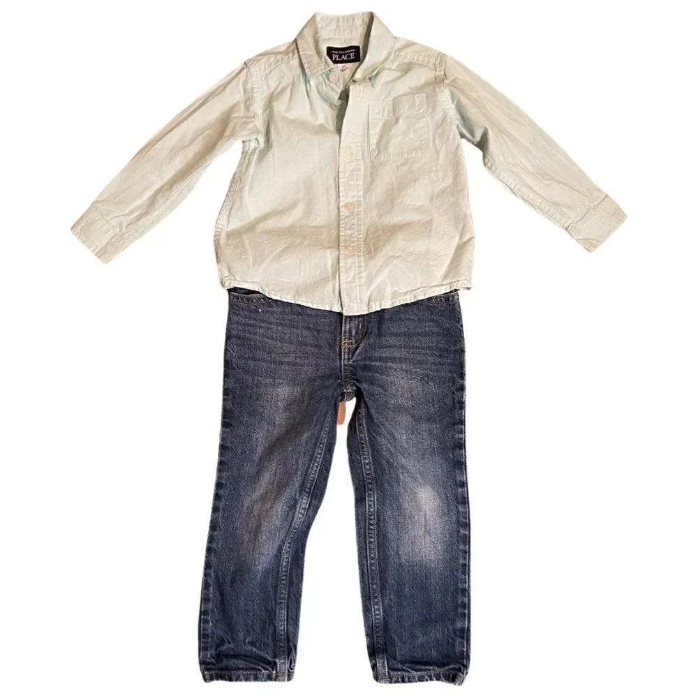 Carter’s Button Down Shirt pastel Green and OshKosh B’gosh Jeans Size 3T